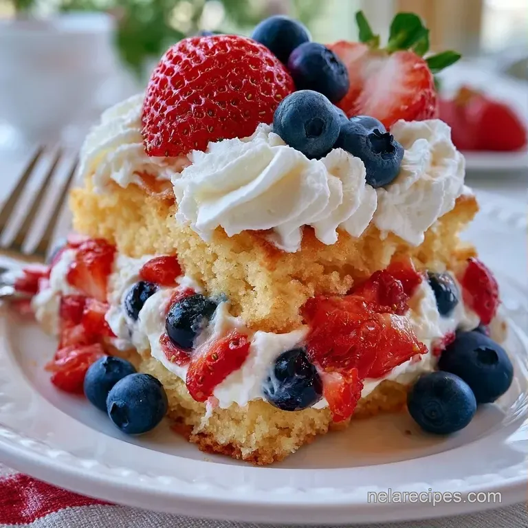 A dainty plate holding a stacked cake with swirling whipped cream topped with vibrant red and blue fresh berries.