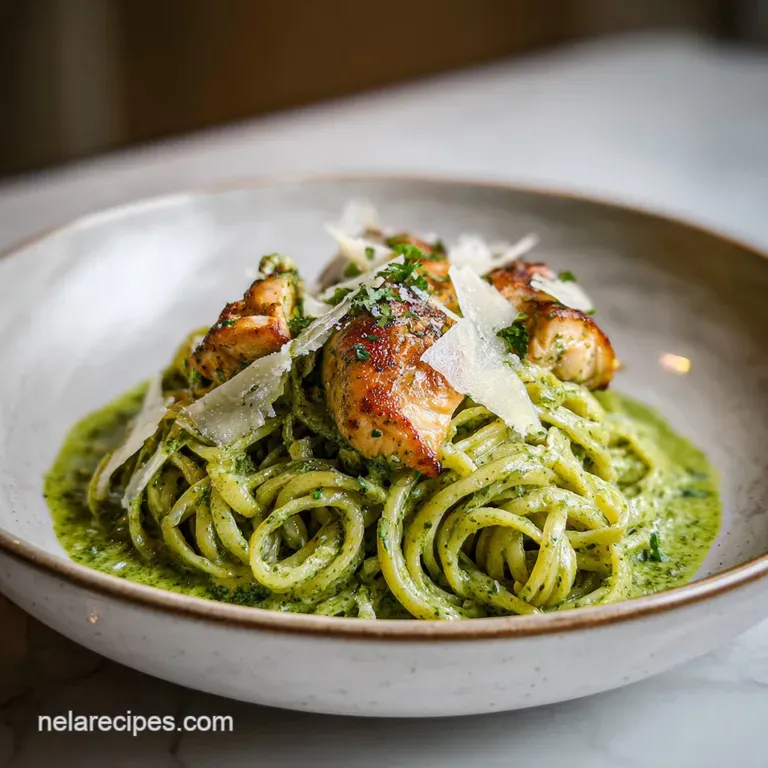 Elegant swirl of creamy green pasta and tender chicken topped with a fresh basil leaf on a minimalist white plate.