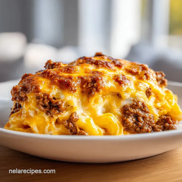 A hearty scoop of cheesy beef and peppers on a white ceramic plate, garnished with chopped fresh parsley.