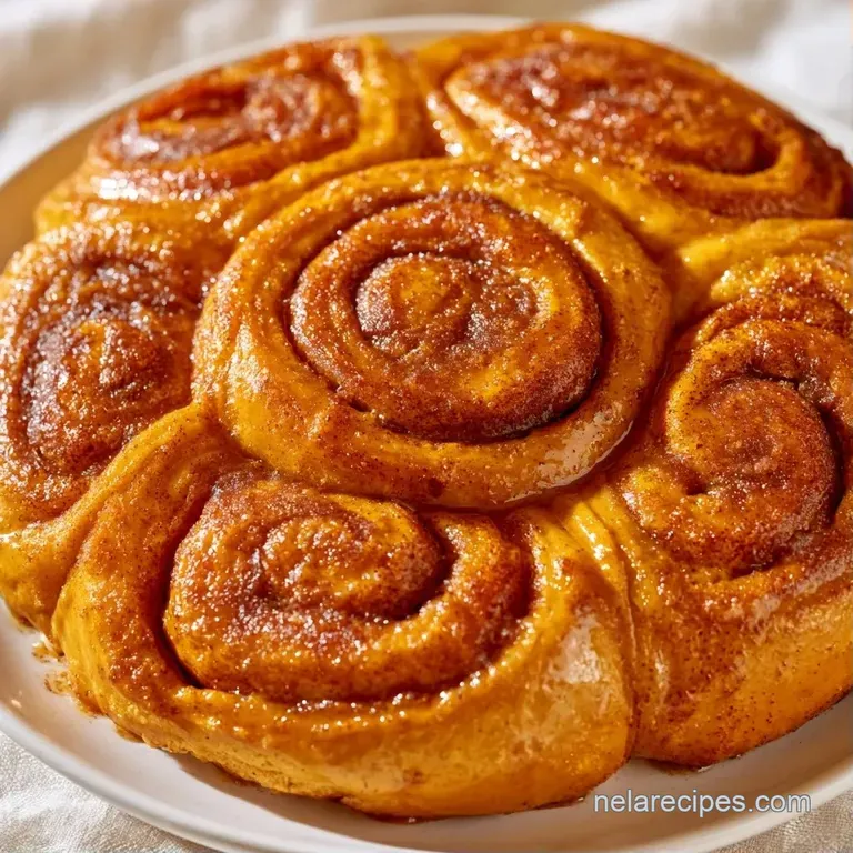 A slice of warm, orange-hued cinnamon roll cake on a white ceramic plate with a dusting of powdered sugar.