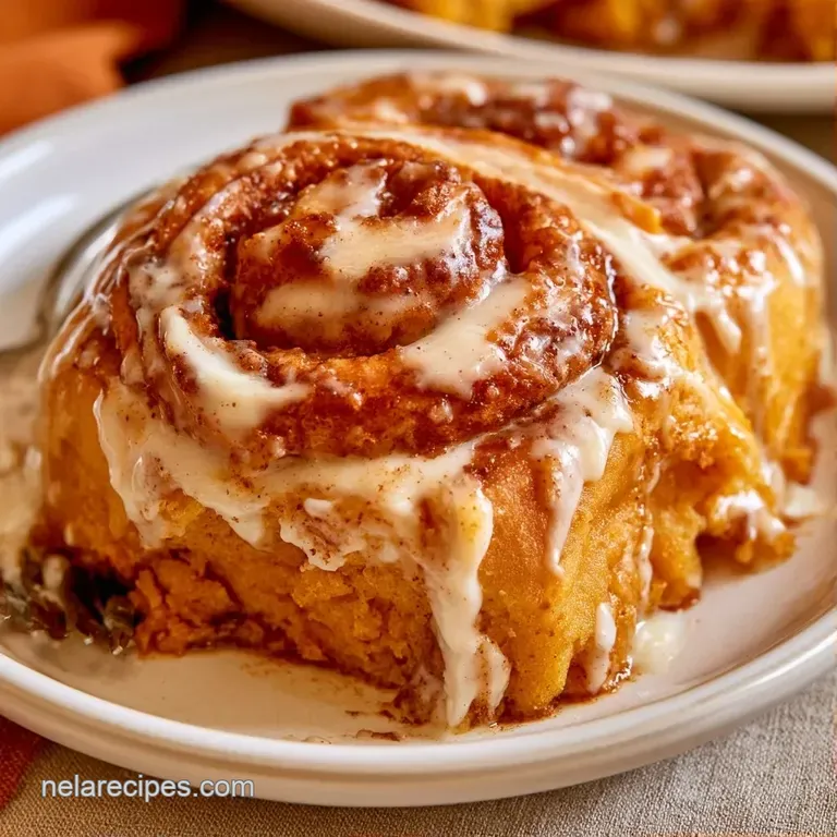 A stack of orange-hued spiral pastries on a ceramic plate, topped with melting glaze and a dusting of cinnamon.