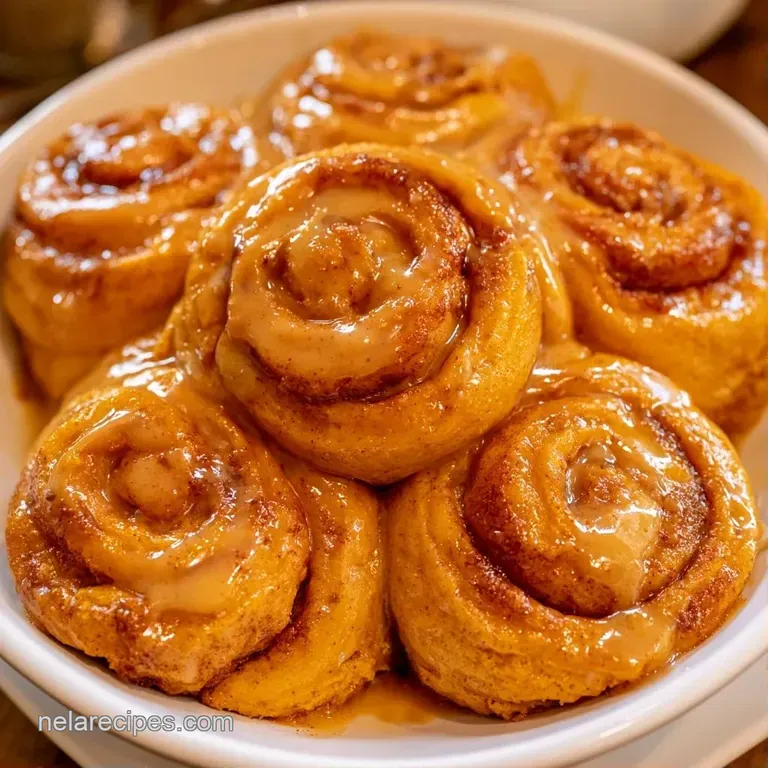 Elegant stack of soft orange-hued rolls with glistening icing dripping down the sides on a marble surface.