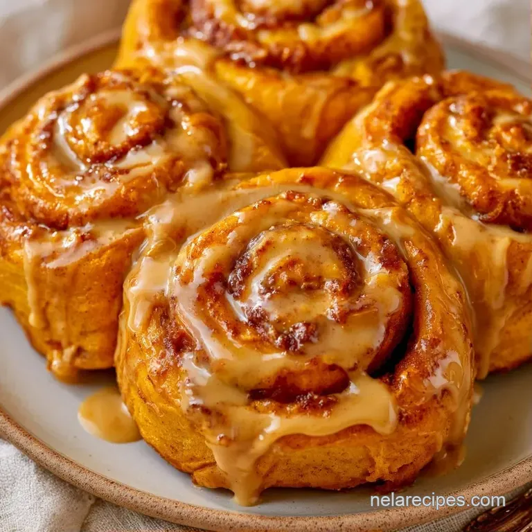 A stack of soft, spiraled rolls drizzled with tan cream, served on a white ceramic plate with a dusting of cinnamon.