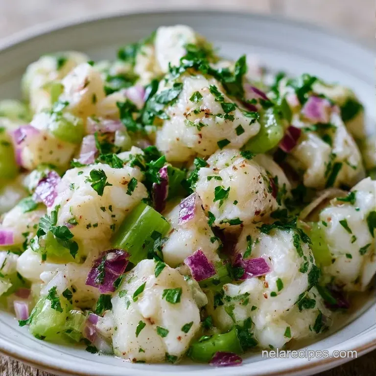 Crisp white crab salad neatly scooped into a glass bowl, garnished with a lemon wedge and fresh parsley sprig.