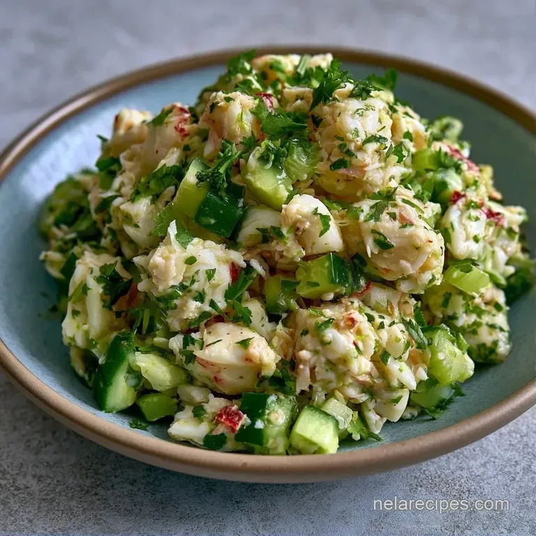 A neat scoop of creamy crab salad on a crisp lettuce leaf, topped with a lemon wedge and a sprig of fresh parsley.
