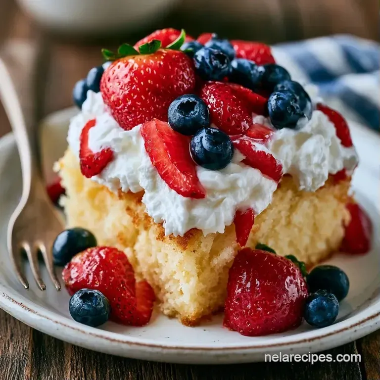 Elegantly stacked shortcakes with airy whipped cream and a colorful heap of glossy blueberries and sliced strawberries.