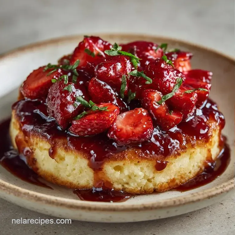 A square of buttery, golden cake topped with a swirl of thick whipped cream and vibrant, sliced fresh berries.