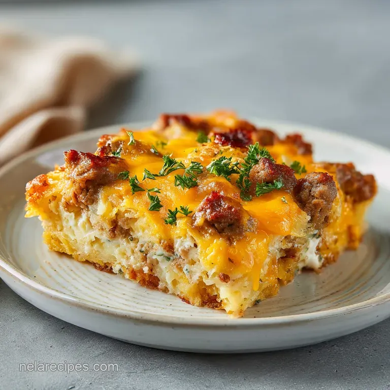 A square slice of fluffy baked eggs and browned sausage on a white plate, garnished with fresh chopped parsley