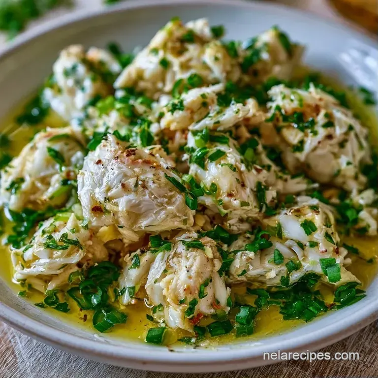 A delicate mound of buttery white crab meat topped with a lemon wedge and microgreens on a white ceramic plate.