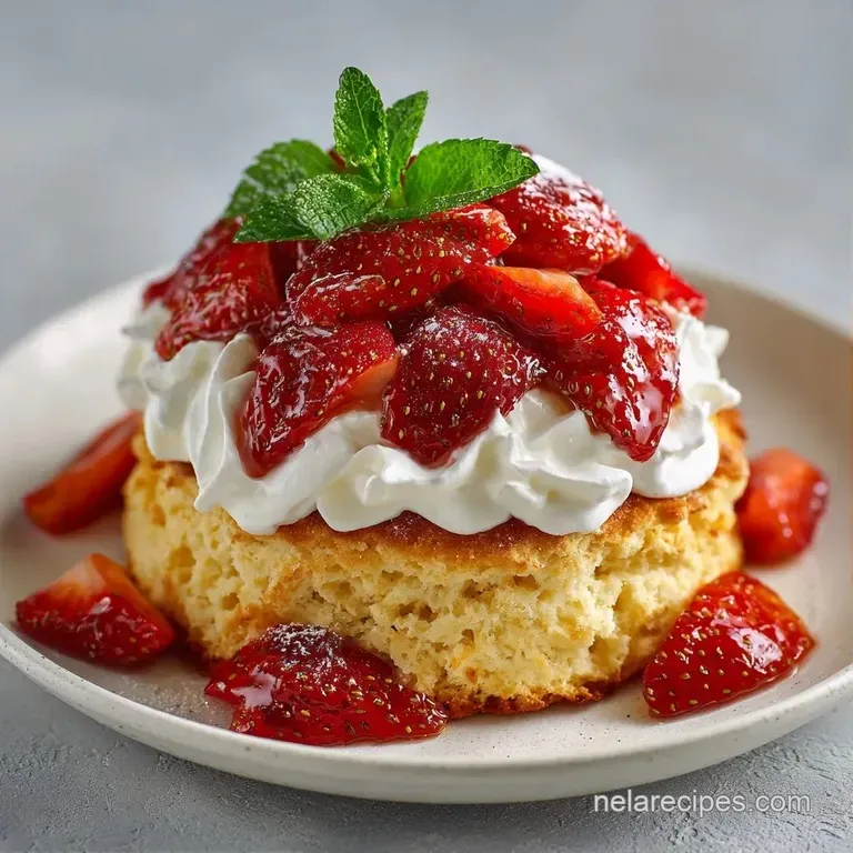 Sliced red strawberries and dollops of whipped cream atop a flaky golden biscuit on a minimalist ceramic dish.