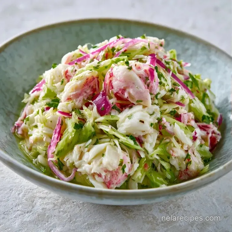 Elegant pile of snowy white crab meat garnished with microgreens and thin radish slices on a dark stoneware plate.