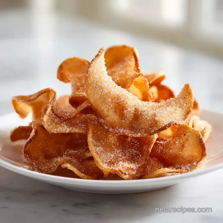 Elegant stack of translucent, cinnamon-dusted apple slices served in a minimalist white bowl on a linen napkin.