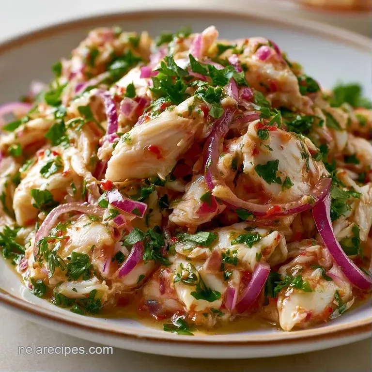 Chilled seafood salad neatly scooped onto a crisp lettuce leaf, garnished with a lemon wedge and a sprig of fresh dill.