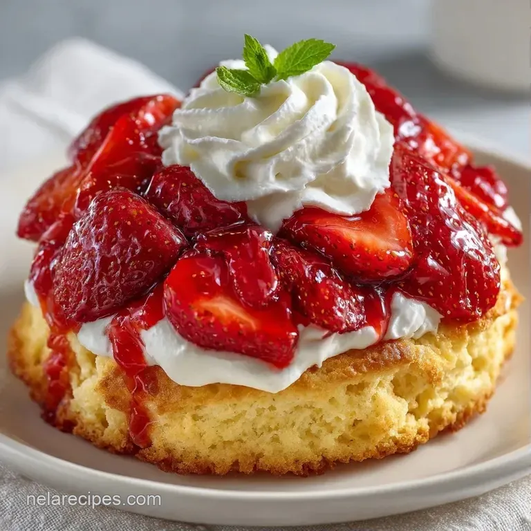 Sliced golden biscuit topped with a swirl of white cream and bright red berries on a white ceramic dessert plate.