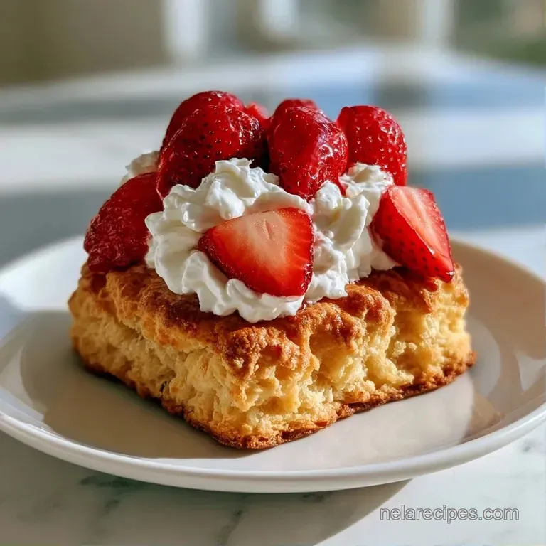 Slices of bright red berries and white cream atop a golden scone, plated on white porcelain with a fresh mint leaf.