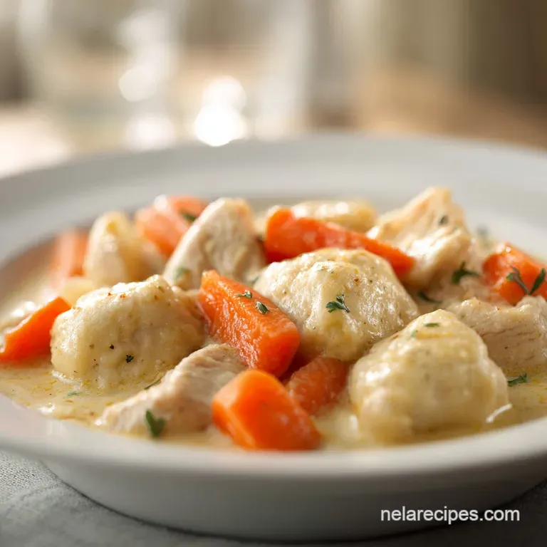 A shallow white bowl containing rich creamy chicken and soft dumplings, garnished with a sprig of fresh green thyme.