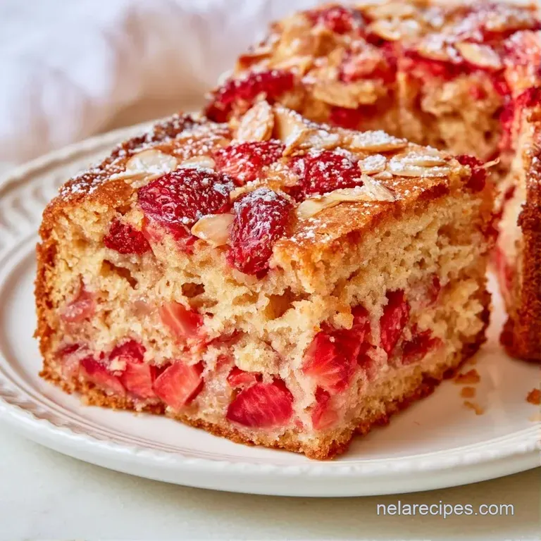 A neat slice of pale golden cake on a white plate, accented by vibrant red berry slices and a sprig of fresh mint.