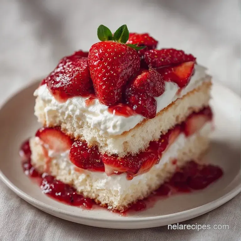 A neat square slice of layered cream and strawberries on a white plate, topped with a fresh mint leaf and sugar dust.