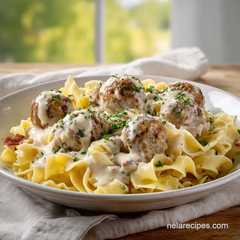A neat portion of creamy pasta and meatballs on a white plate, garnished with fresh green parsley sprinkles.