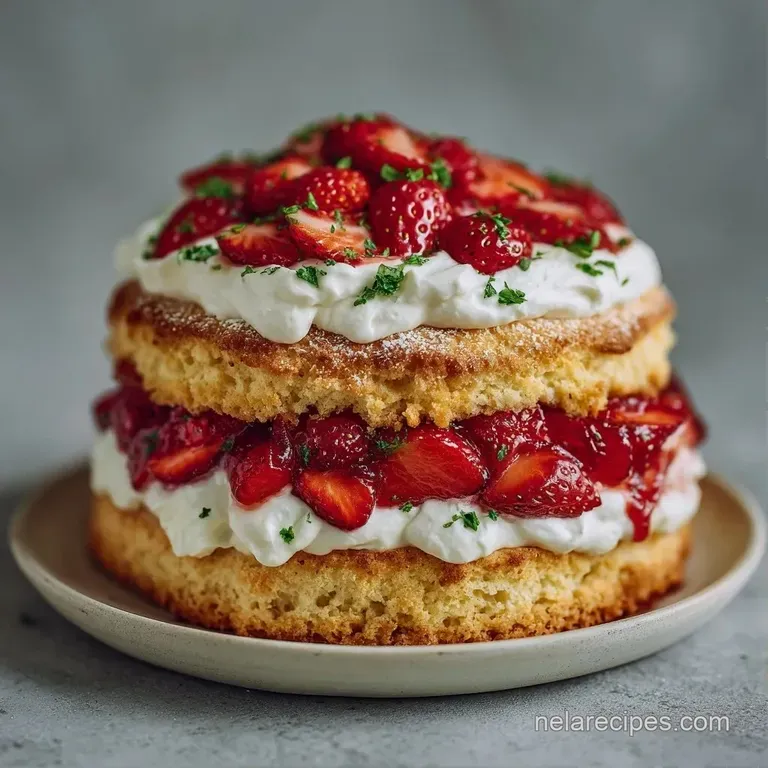 Slices of golden sponge layered with glossy red berries and peaked cream on white plates with a fresh mint sprig.